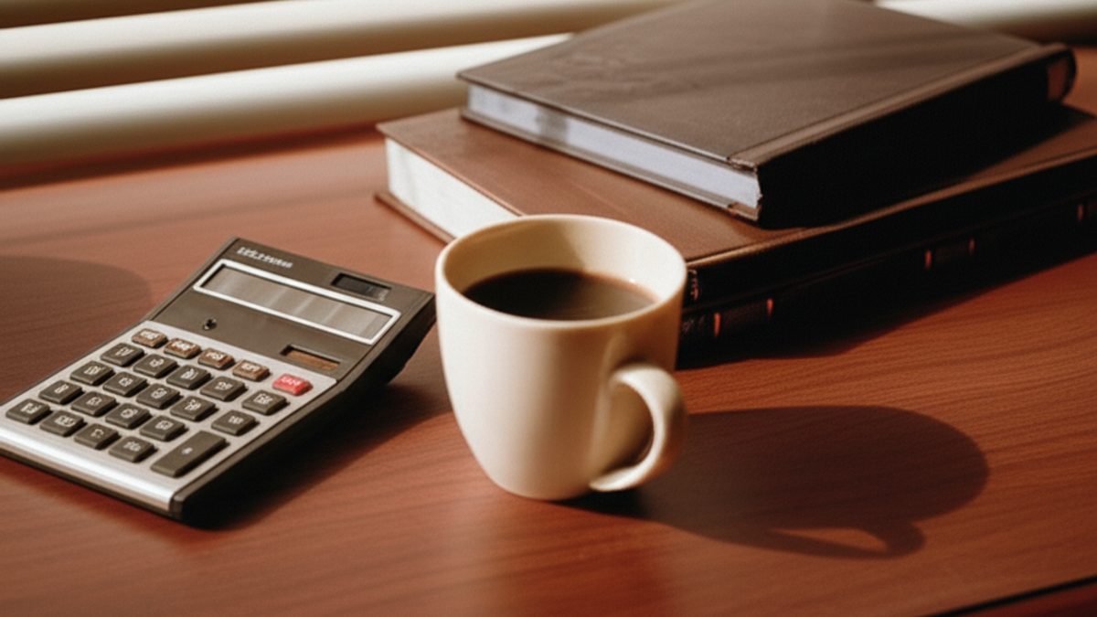 Desktop calculator beside legal pad with budget notes on an oak desk