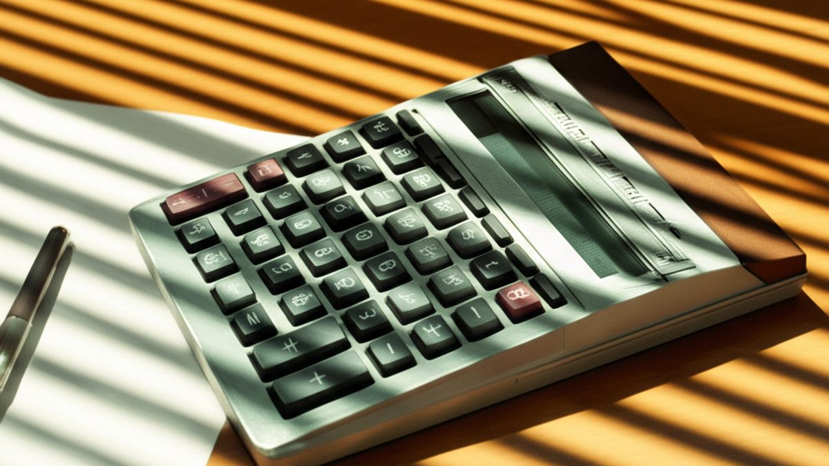 Vintage desktop calculator beside a legal pad with budget notes on oak desk