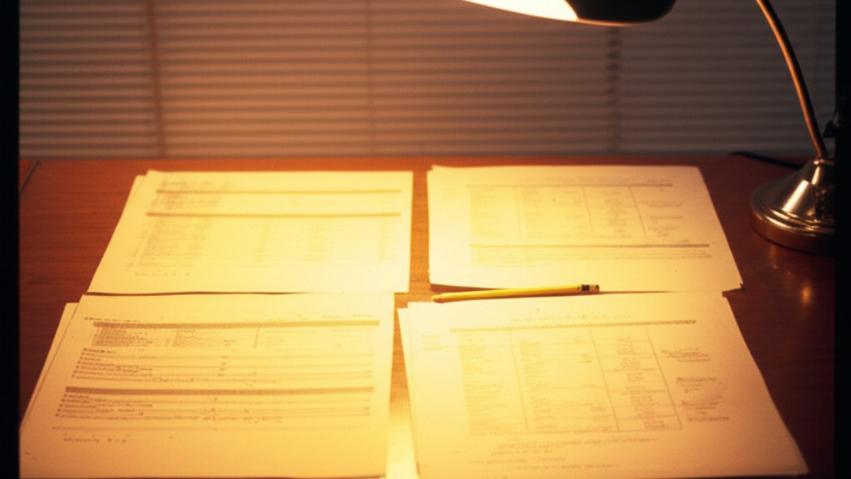 Close-up of professional desk with channel performance reports arranged side by side under warm brass reading lamp