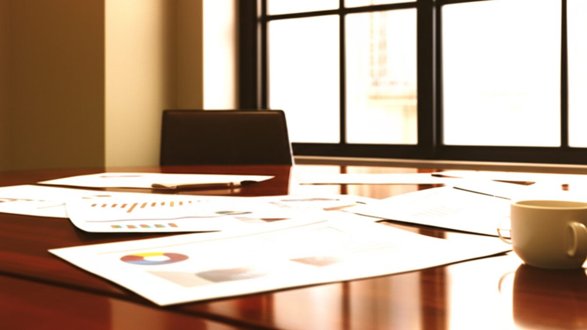 Morning strategy session at a law firm conference table with marketing reports scattered across polished wood