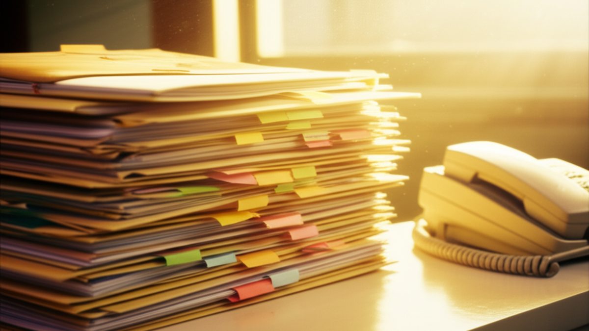 Stacked manila case folders with colored index tabs on a credenza, evening golden hour light