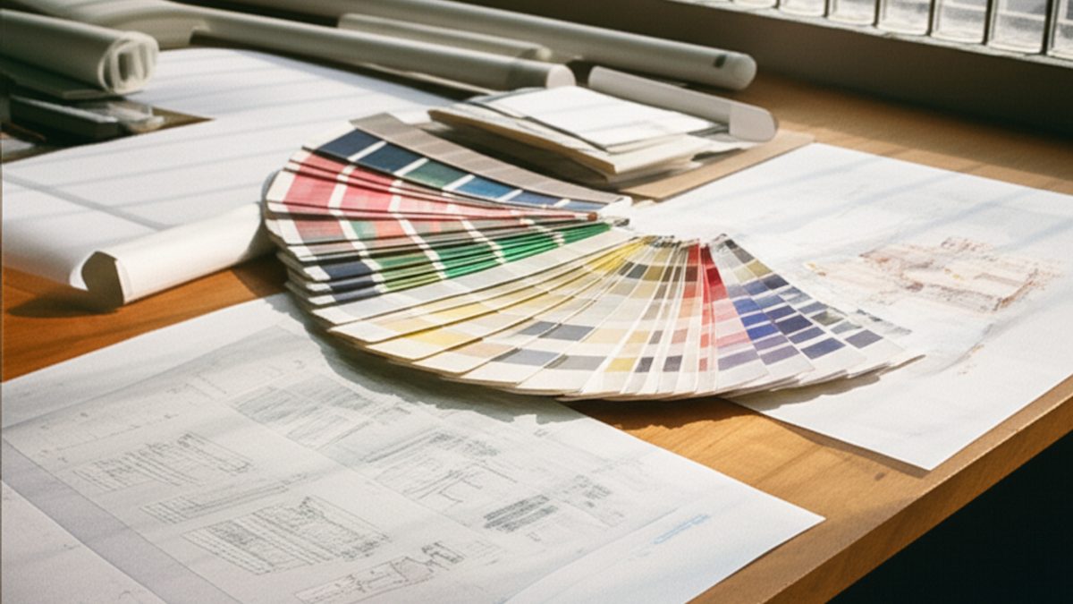 Professional workspace with design mockups and analytics reports spread across a desk